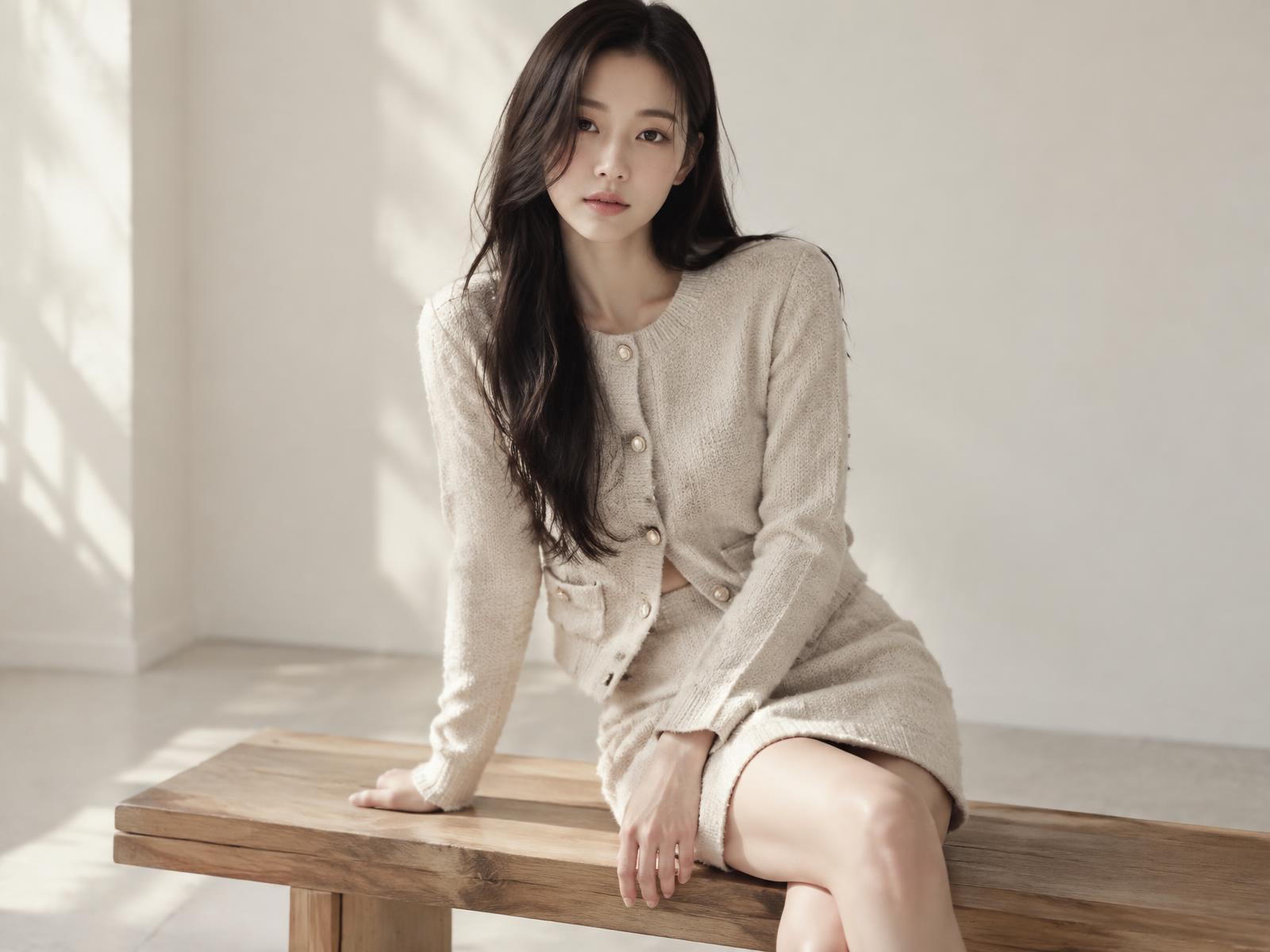 Model in a beige knit set seated on a wooden bench