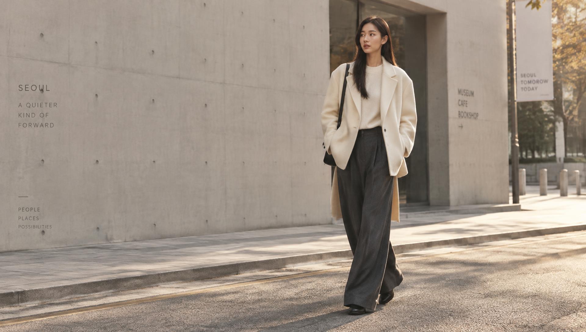Model in a cream blazer and charcoal wide-leg trousers on a Seoul street