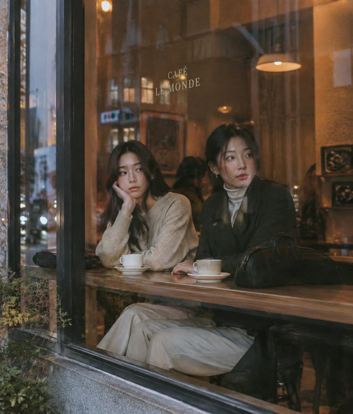 Two friends in neutral outfits at a cafe window in the evening
